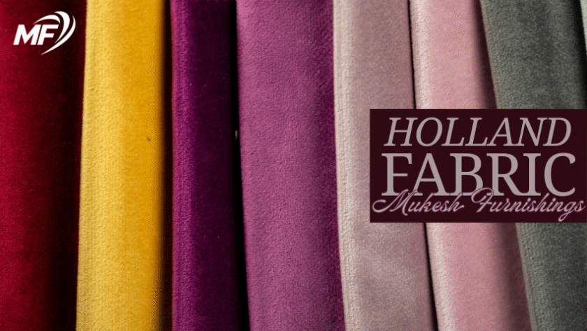 High-quality Holland fabric swatches in red, yellow, purple, pink, and grey shades displayed vertically.